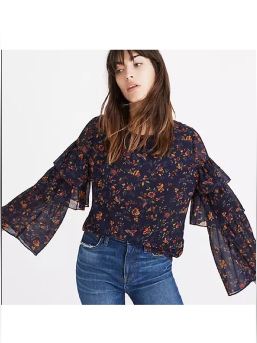 Madewell Navy Floral Tiered-Ruffle Bell-Sleeve Blouse Size Women’s Small